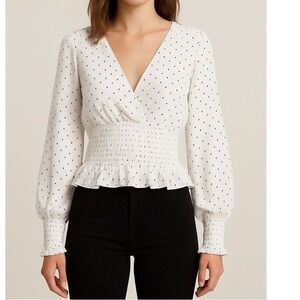Express Women's White Polka Dot Smocked Wrap Blouse Size‎ XS Career Lq